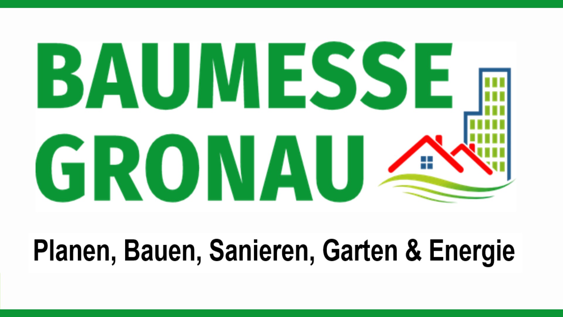 Logo der Gronauer Baumesse mit Fokus auf Bau, Sanierung und erneuerbare Energien wie Photovoltaik.