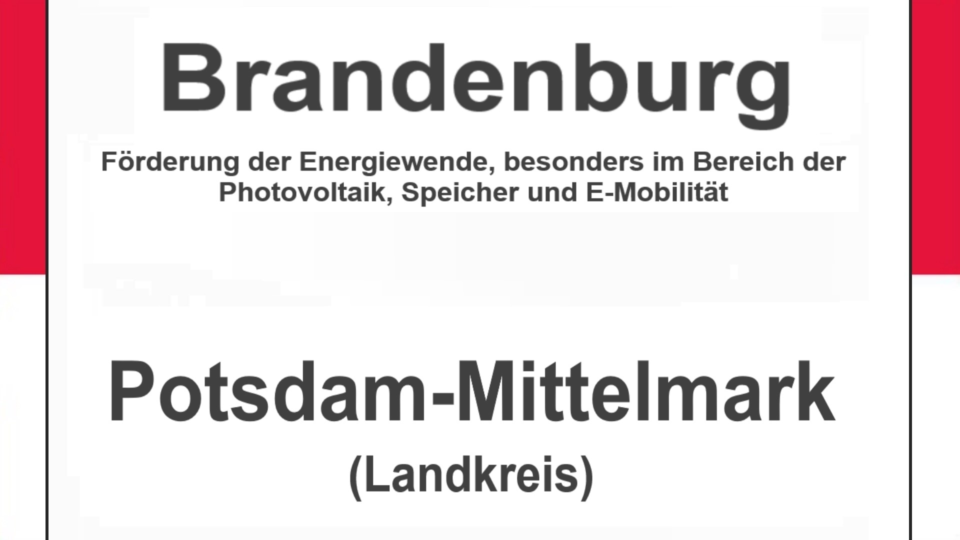 Text auf einem Bild: Brandenburg, Potsdam-Mittelmark, Förderungen zur Energiewende, besonders für Photovoltaikanlagen, Speicher und E-Mobilität