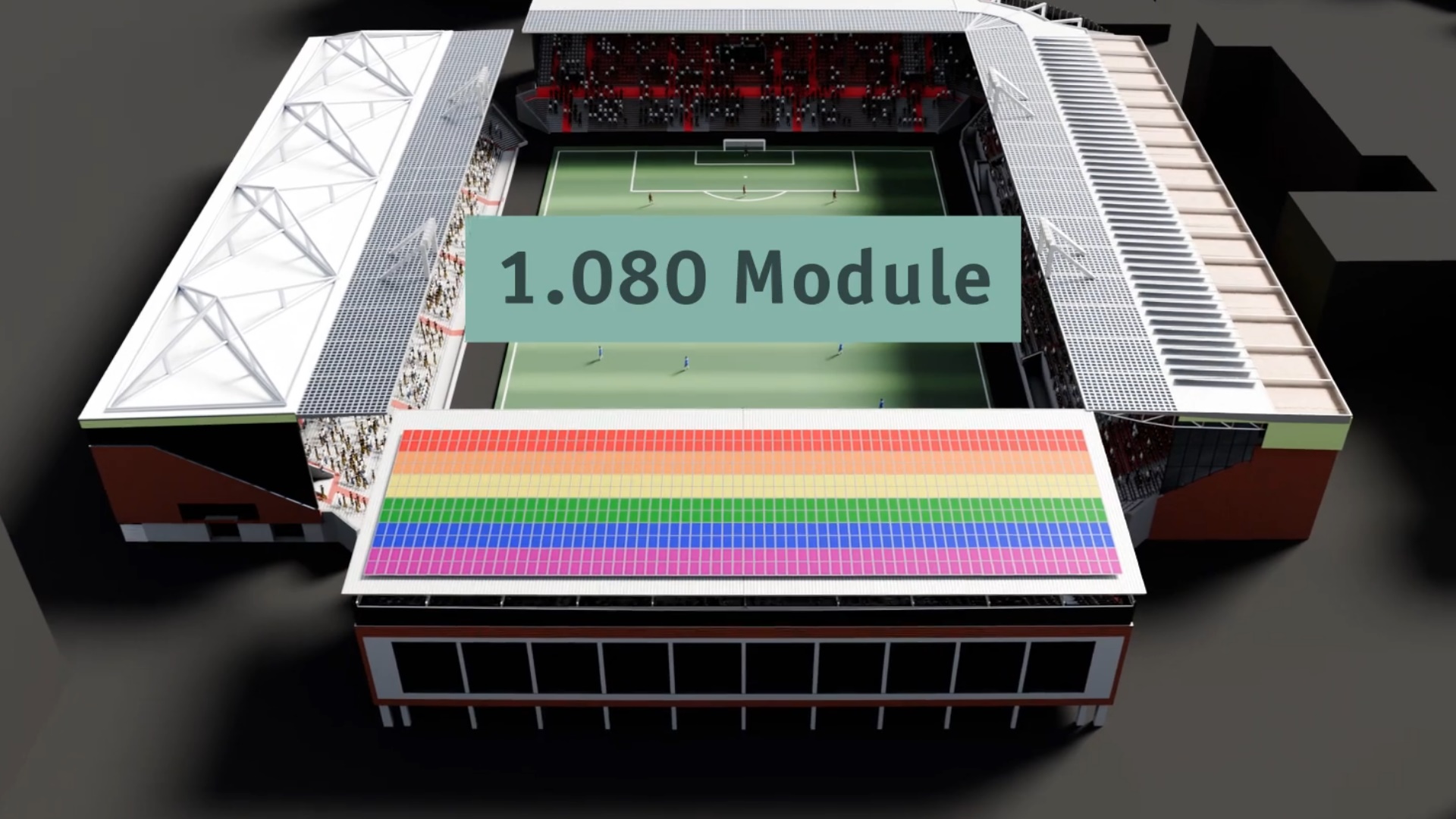 Animation zeigt das Dach des Millerntor-Stadions mit der weltweit größten regenbogenfarbenen Solaranlage.