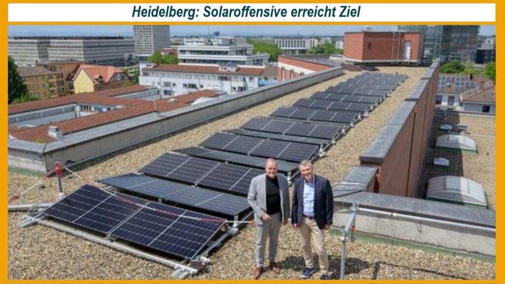 Oberbürgermeister Eckart Würzner und Klaus Pawlowski präsentieren eine neue Photovoltaikanlage in Heidelberg.