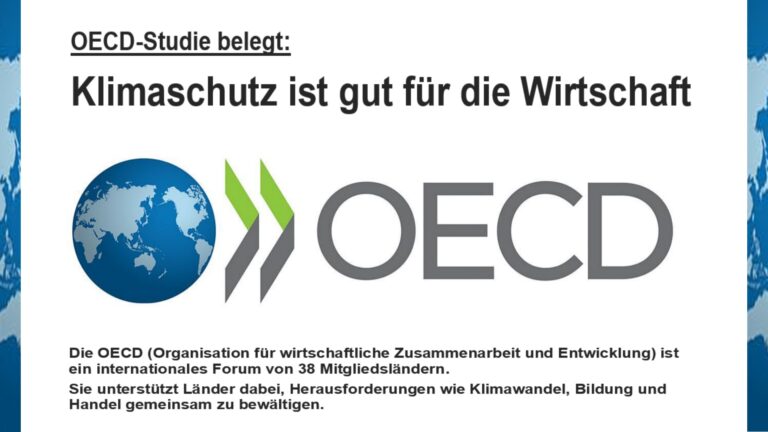 Logo der OECD vor blauem Hintergrund, Symbol für internationale Zusammenarbeit bei Energiewende und Klimaschutz.