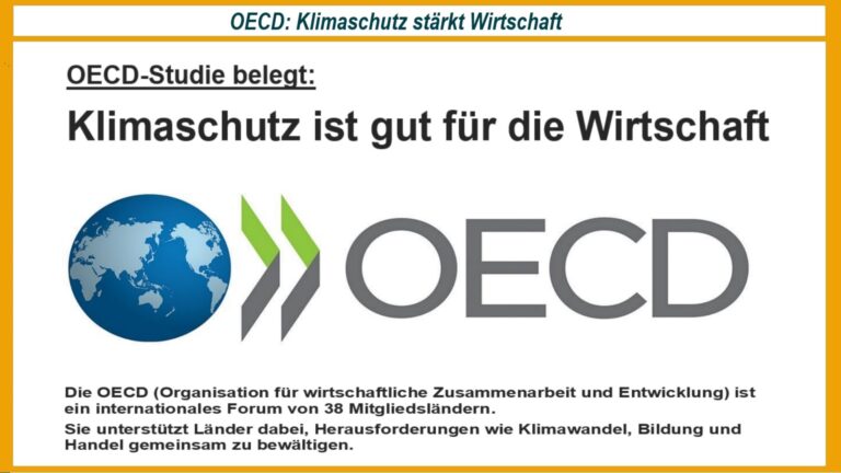Logo der OECD vor blauem Hintergrund, Symbol für internationale Zusammenarbeit bei Energiewende und Klimaschutz.
