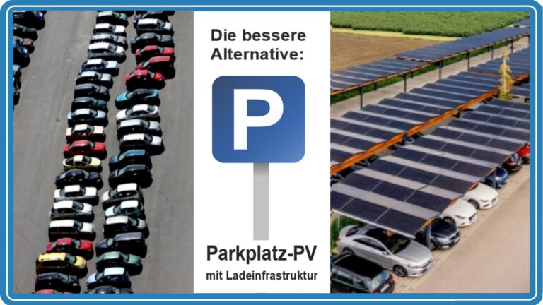 Zwei Parkflächen im Vergleich – links offen, rechts mit Photovoltaiküberdachung und Ladeinfrastruktur