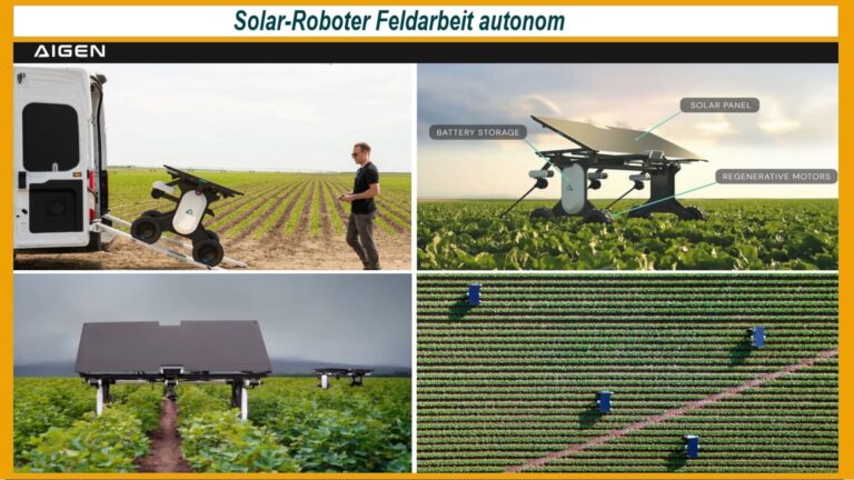Vier Bilder zeigen den solarbetriebenen Agrarroboter „Element“ im Feldeinsatz zur Unkrautbekämpfung und Ernte.
