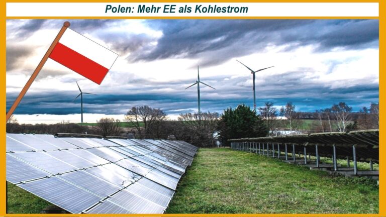 Solar- und Windkraftanlagen vor polnischer Flagge symbolisieren den Wandel zur Energiewende in Polen.
