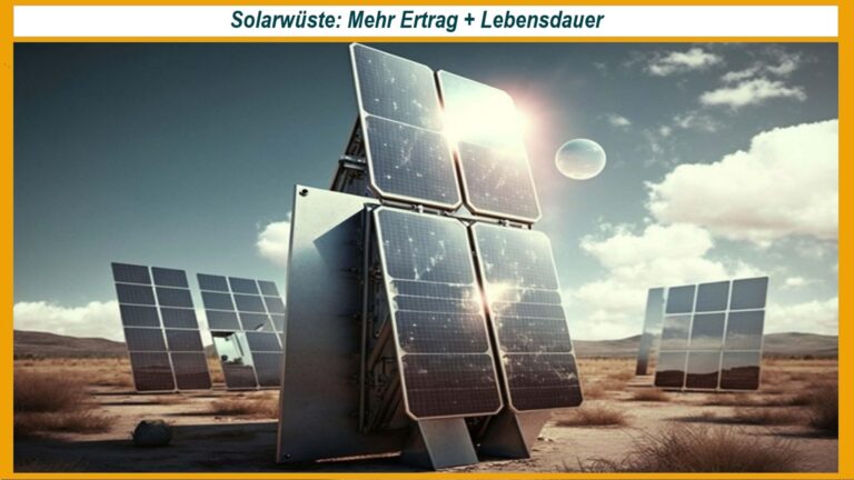 Solarmodule in der Wüste – Symbolbild für neue Kühltechnologie zur Effizienzsteigerung in der Photovoltaik.