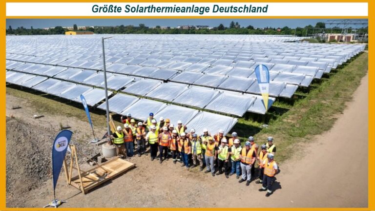 Team der Leipziger Stadtwerke vor Solarthermieanlage zur nachhaltigen Wärmeerzeugung mit Solarenergie.