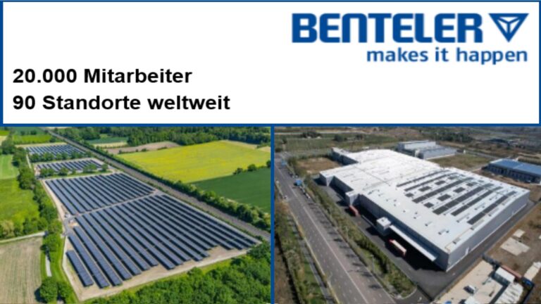 Logo der BENTELER Gruppe, daneben zwei Solaranlagen – eine auf einem Betriebsgebäude, eine als Freifläche.