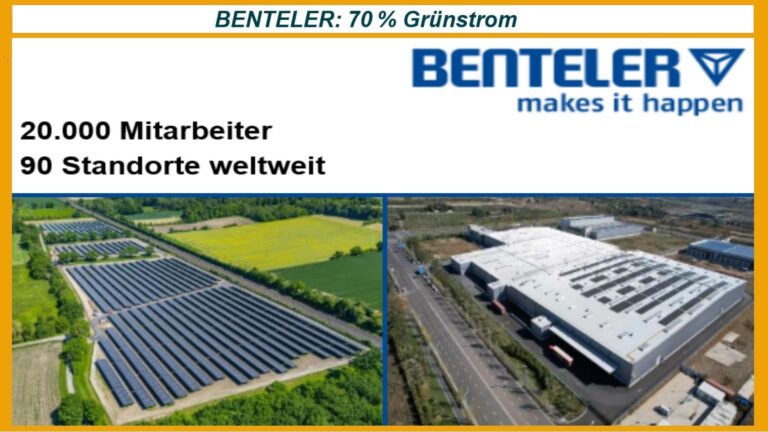 Logo der BENTELER Gruppe, daneben zwei Solaranlagen – eine auf einem Betriebsgebäude, eine als Freifläche.