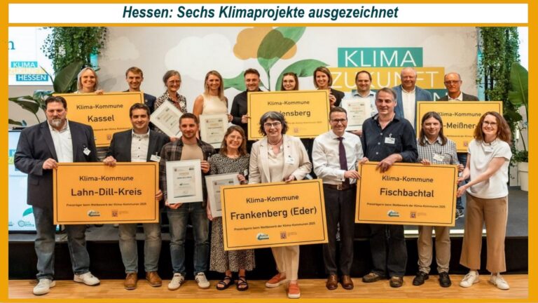 Ausgezeichnete Vertreterinnen und Vertreter hessischer Kommunen mit Ortsschildern zur „Klimakommune“ bei Preisverleihung.