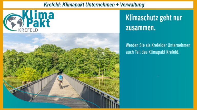 Fahrrad auf Brücke mit Logo des Krefelder Klimapakts – Symbolbild für die Energiewende