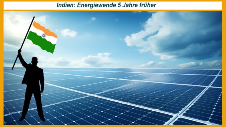 Schatten eines Mannes mit indischer Fahne auf einem Solarpark – Symbol für Indiens Energiewende