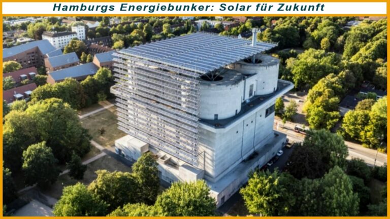 Der Energiebunker Hamburg mit Photovoltaikfassade, solarem Energiespeicher und Symbol der Energiewende.