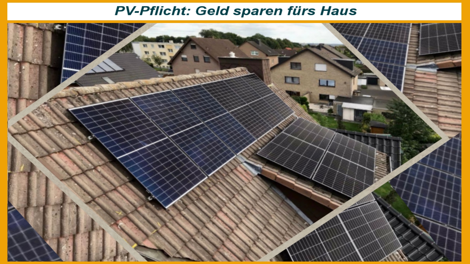 Dachcollage mit verschiedenen Photovoltaik-Anlagen zeigt Solarstromnutzung und Energiewende.