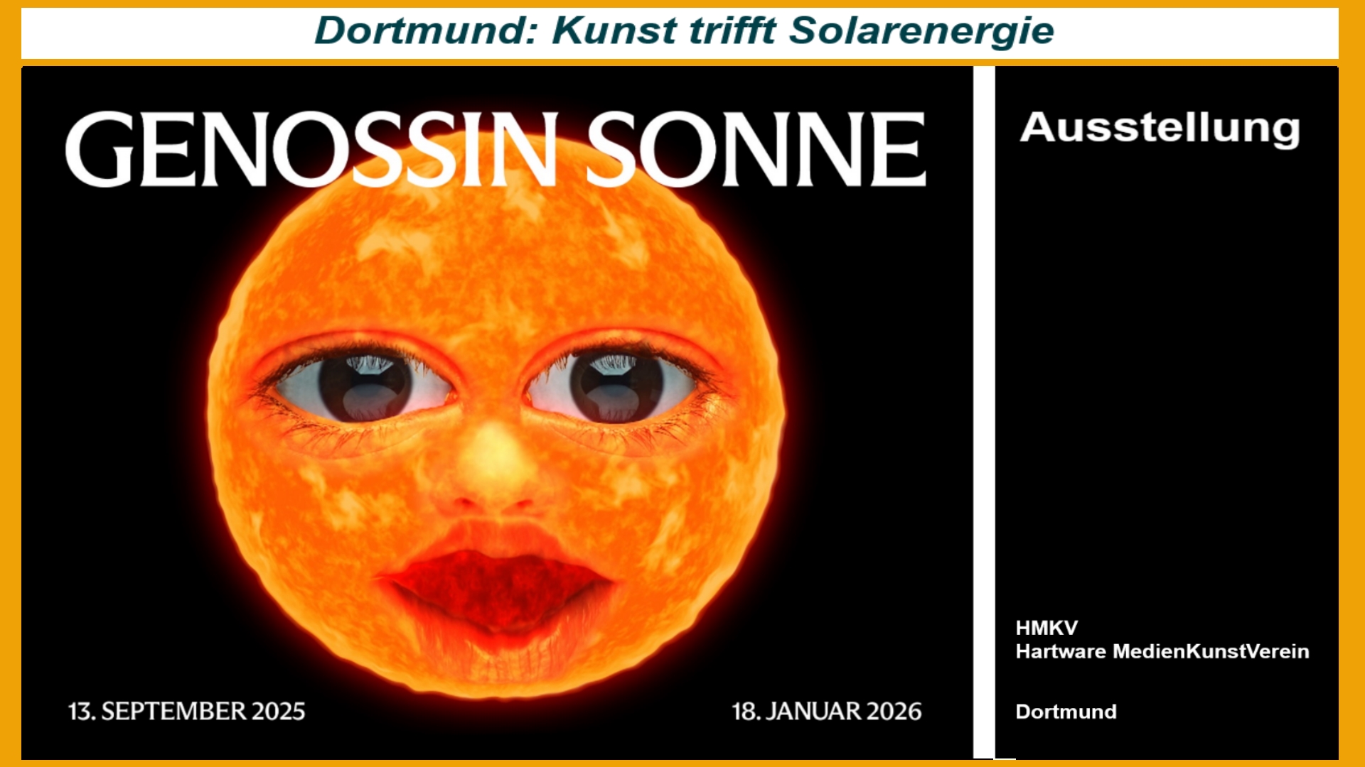 Plakat der Ausstellung „Genossin Sonne“ mit der Sonne im Mittelpunkt, Symbol für Energie und Wandel.