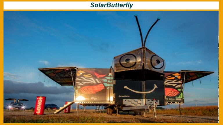 Der SolarButterfly ist das weltweit größte solarbetriebene Fahrzeug in Form eines Schmetterlings. Mit seinen ausklappbaren Solarflügeln erzeugt er täglich ausreichend Energie für bis zu 200 Kilometer emissionsfreie Fahrt. Gebaut aus recycelten PET-Flaschen und ausgestattet als Tiny House mit Küche, Schlafplätzen und Werkstatt, setzt er ein starkes Zeichen für nachhaltige Mobilität und den Klimaschutz. Das Bild zeigt den SolarButterfly als Symbol für Innovation, Kreislaufwirtschaft und praktische Lösungen gegen den Klimawandel.