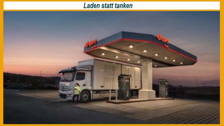 Das Bild zeigt einen schweren Lkw an einer modernen E-Ladesäule. Es symbolisiert den Wandel hin zu klimafreundlichem Straßengüterverkehr und den Aufbau einer Ladeinfrastruktur, die elektrische Lastwagen zuverlässig mit Energie für den Alltag versorgt.