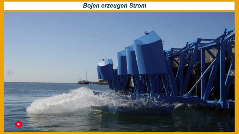 Das Bild zeigt mehrere blaue Bojen von Eco Wave Power im Hafen von Los Angeles. Sie bewegen sich auf den Wellen und erzeugen mit einer hydraulischen Technik Strom, der in das Stromnetz eingespeist wird.