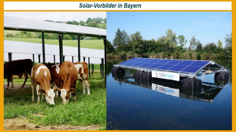 Kombiniertes Bild zeigt die Agri‑PV‑Anlage in Dorfen‑Wies (Landkreis Erding) und die Floating‑PV-Anlage auf Klärteichen in Eching am Ammersee (Landkreis Landsberg am Lech). Beide Anlagen erzeugen Solarstrom, die Flächen werden gleichzeitig landwirtschaftlich bzw. ökologisch genutzt.