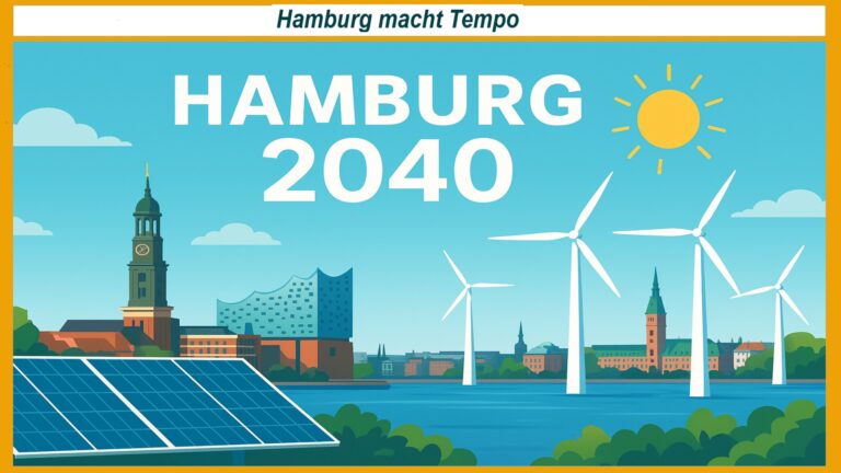 Digitale Illustration einer modernen Stadtlandschaft in Hamburg, die erneuerbare Energien und Nachhaltigkeit symbolisiert. Im Vordergrund ist die Elbphilharmonie zu erkennen, daneben moderne Gebäude mit begrünten Dächern und Solarmodulen. Windräder drehen sich im Hintergrund. Das Motiv steht sinnbildlich für den erfolgreichen Volksentscheid zur Klimaneutralität Hamburgs bis 2040.