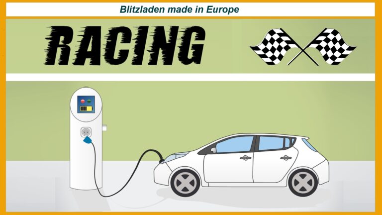 Illustration eines Elektroautos, das an einer Schnellladesäule angeschlossen ist. Über der Szene erscheint ein stilisierter Blitz als Symbol für Energie und Geschwindigkeit. Das Bild steht für die neue Megawatt-Ladetechnik von Mercedes-Benz und Alpitronic, die E-Autos in nur fünf Minuten mit Strom für hunderte Kilometer versorgen soll. Moderne Linienführung und europäische Farbgebung unterstreichen den technischen Fortschritt und die Vision einer schnellen, nachhaltigen Elektromobilität.
