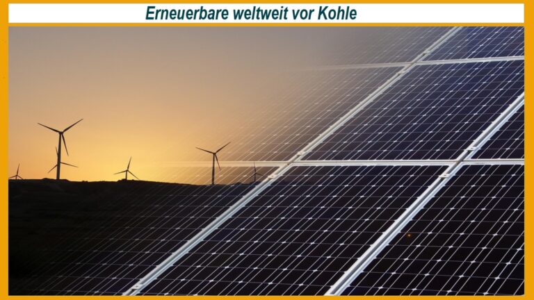 Photovoltaikmodule und Windenergieanlagen nebeneinander auf einem Feld, die zusammen sauberen Strom erzeugen. Das Bild symbolisiert den gleichzeitigen Ausbau von Solar- und Windenergie als Teil der globalen Energiewende.