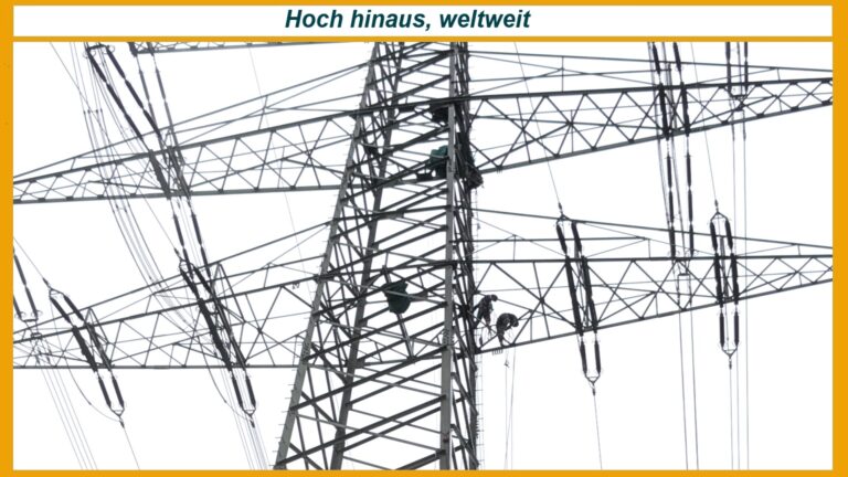 Arbeiter auf Strommast sichern Leitungen, Symbol für bilaterale Energiepartnerschaften und Energiewende.