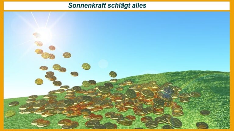 Grafik mit Sonne oben links, aus deren Strahlen Geldmünzen über die Erde verteilt werden. Symbol für günstige Solarenergie.