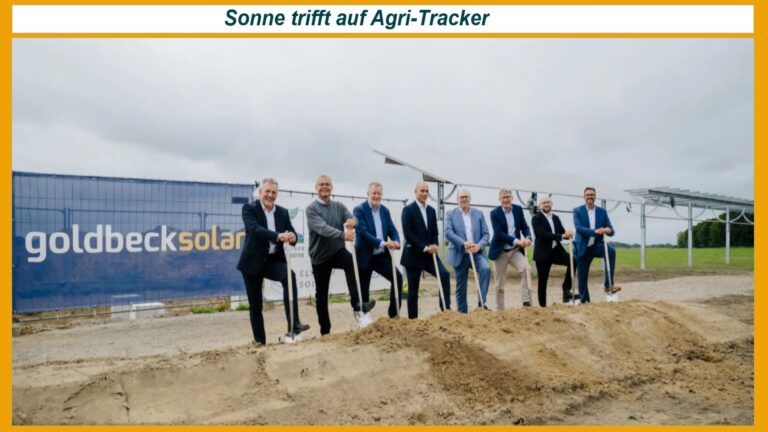 Spatenstich für den 48-MWp-Agri-PV-Park in Schönefeld: Vertreter von Goldbeck Solar und Elysium Solar feiern Projektstart.
