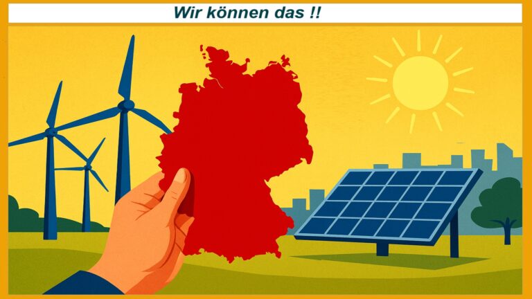 Eine Hand hält eine kleine Deutschlandkarte mit Windrädern, Solarpaneelen und grünen Landschaften im Sonnenlicht.