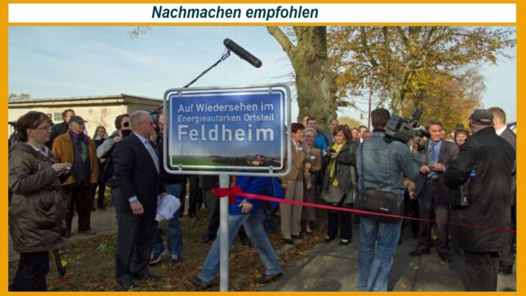 Einweihung 2010: Das Dorf Feldheim startet energieautark mit Windpark, Biogasanlage und Batteriespeicher.