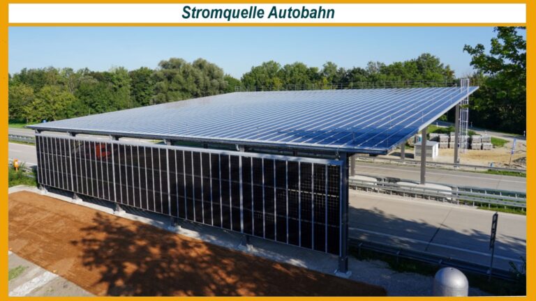 Solarüberdachung über Flughafenzubringer bei Freising, erzeugt erneuerbare Energie für Notrufsäulen und Steuerungstechnik.