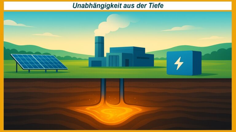 Illustration einer Geothermieanlage mit Solarpanelen, Batterie und moderner Lithiumfabrik über einem glühenden Erdreich.
