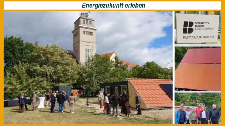 Besucher im Klimacontainer lernen praxisnah Photovoltaik, Solartechnik und Energiespeicher für Energiewende kennen.