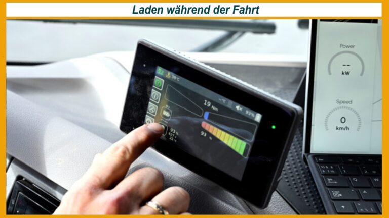 Armaturenbrett eines Elektroautos zeigt kabelloses Laden auf der Autobahn mit Kontrollbildschirm.