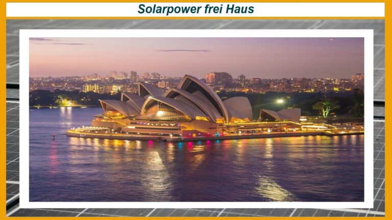Symbolbild: Photovoltaik-Rand mit Sydney-Oper im Hintergrund steht für Australiens Solar Sharer Programm.