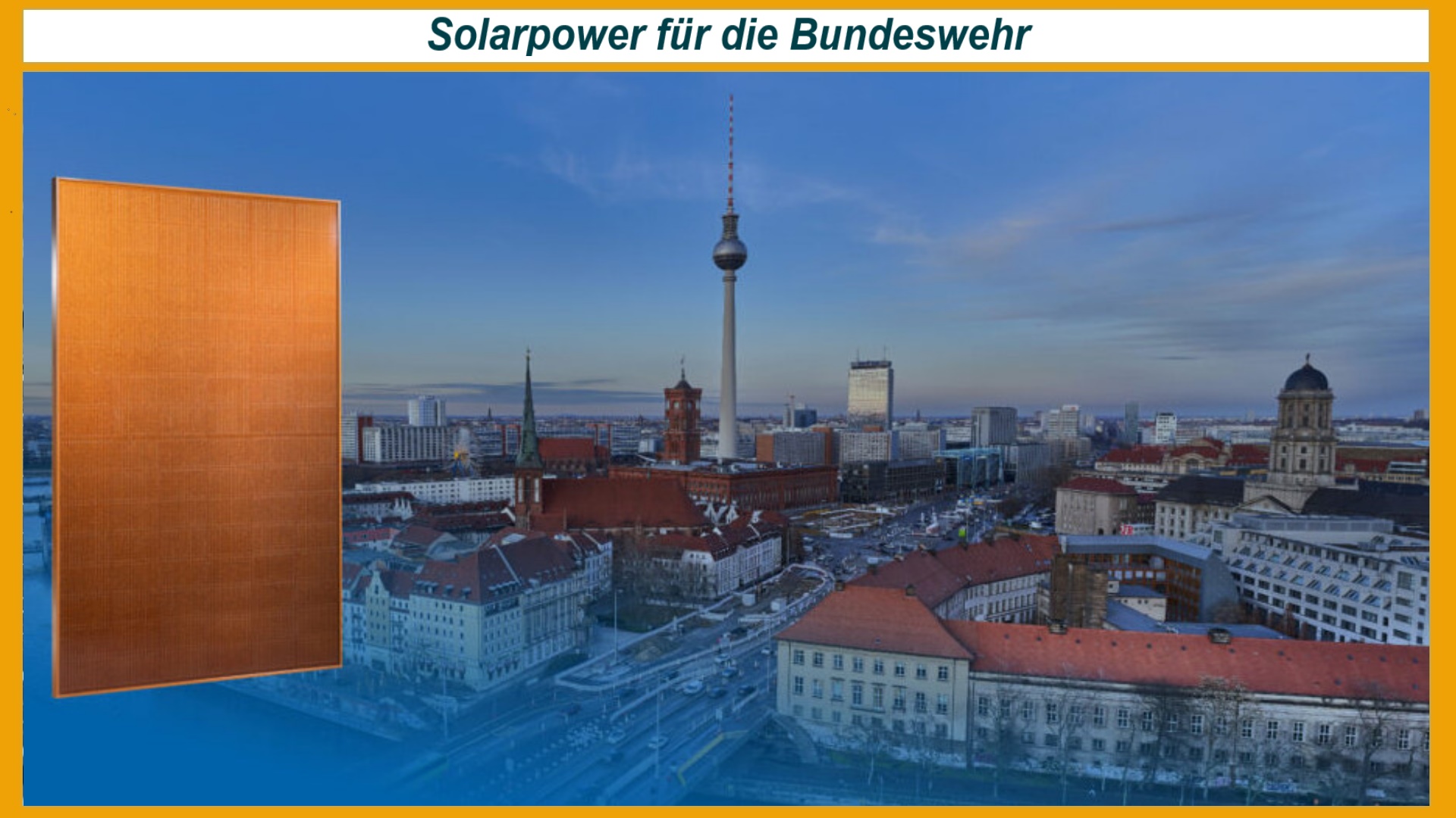 PhotoraSun-Modul vor Berliner Silhouette mit Alex symbolisiert farbige PV-Anlage des Bundesverteidigungsministeriums