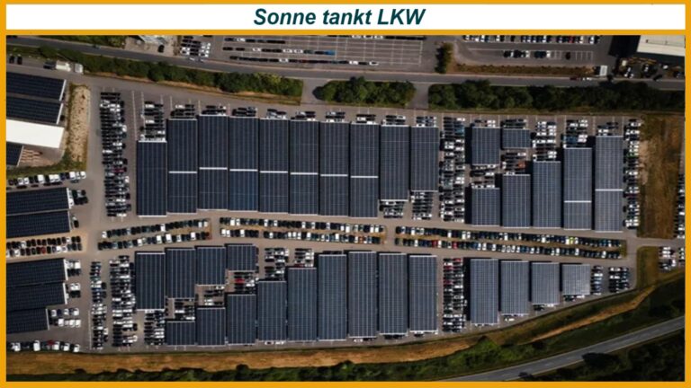 Draufsicht auf riesige Photovoltaik-Carportanlage mit hunderten Stellplätzen und Solarmodulen auf dem Gelände eines Fahrzeuglogistikers.