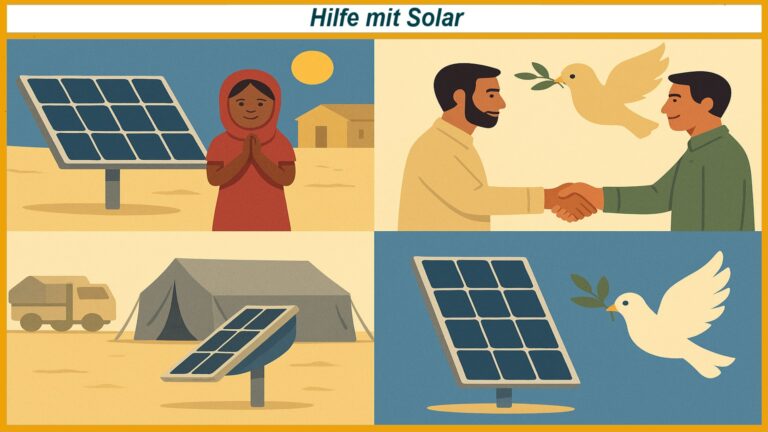 Vier Illustrationen zeigen Solarpaneele, Menschen in Krisengebieten, Friedenssymbol Taube und Hilfe durch Solarenergie.