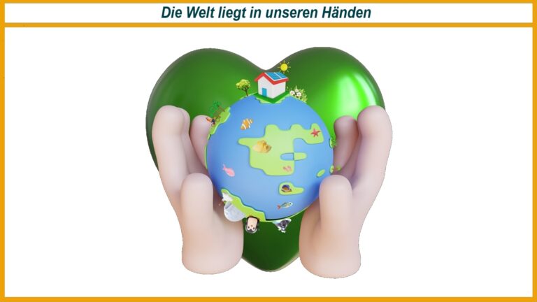 Illustration: Zwei Hände halten ein grünes Herz mit Haus, Bäumen und Solarzellen als Symbol für Nachhaltigkeit.
