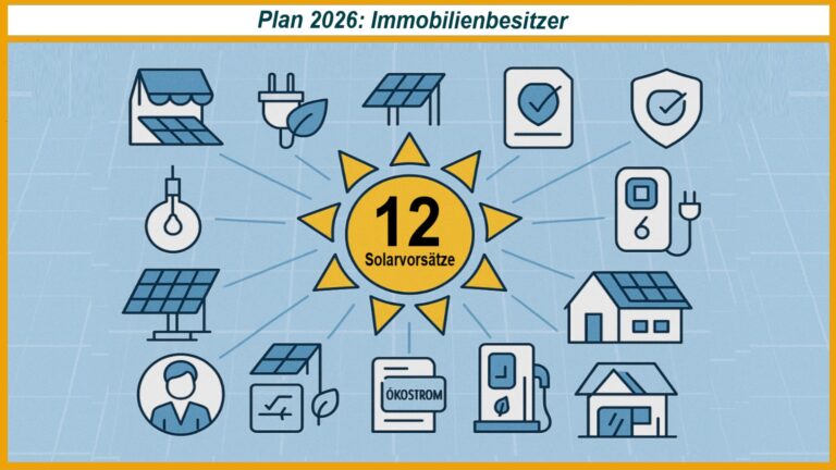 Grafische Sonne mit zwölf Symbolen für Solarmaßnahmen, darüber Schriftzug „Plan 26 – Immobilienbesitzer“.