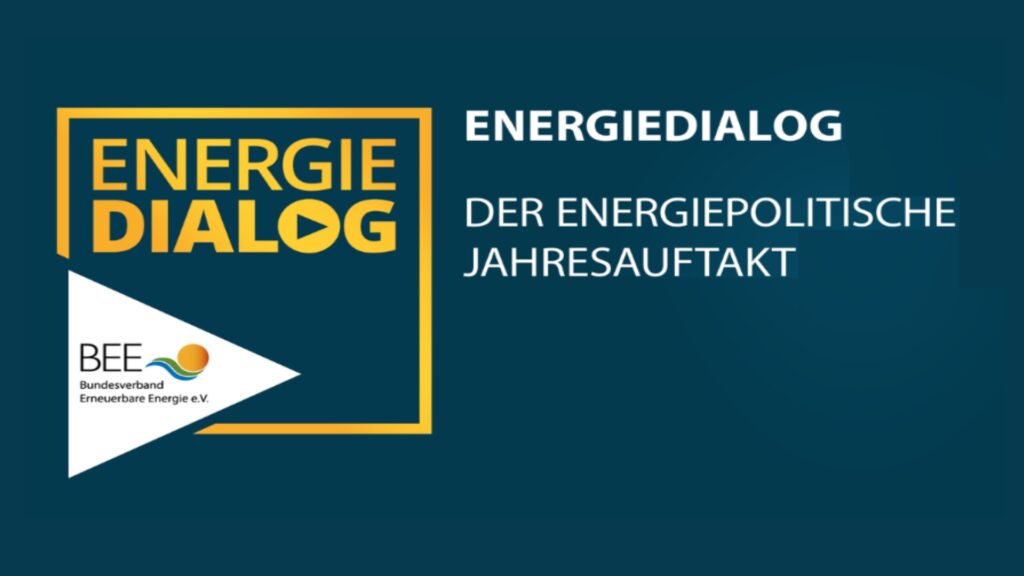 ENERGIE DIALOG-Logo in gelbem Rahmen mit Play-Symbol, rechts Text "Energiedialog – Der energiepolitische Jahresauftakt" und BEE-Logo