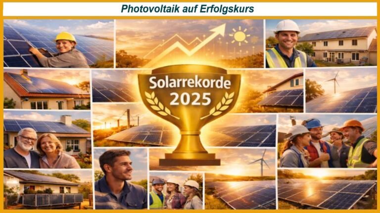 Goldener Pokal Solarrekorde 2025 im Zentrum einer Collage mit Solarpanels, Arbeitern, Häusern und Windrädern.