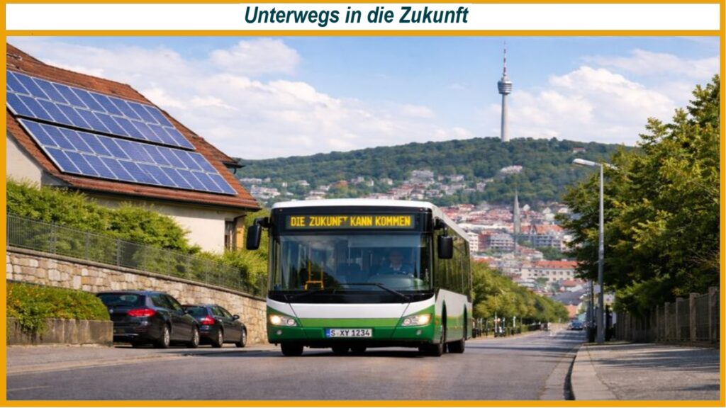 Bus mit Anzeige "Die Zukunft kann kommen" fährt die Straße, links Solarmodule auf dem Dach und ein Fernsehturm im Hintergrund.