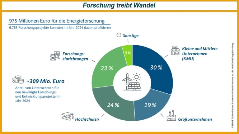 Donutdiagramm: 975 Mio. € für Energieforschung verteilt auf KMU 30%, Großuntern. 19%, Hochschulen 24%, Forschungseinr. 23% und Sonstige 4%