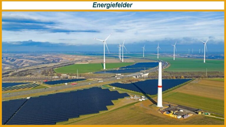 Luftaufnahme mit Photovoltaikfeldern, Windrädern und Autobahn A44n neben einem Braunkohletagebau im Rheinischen Revier.