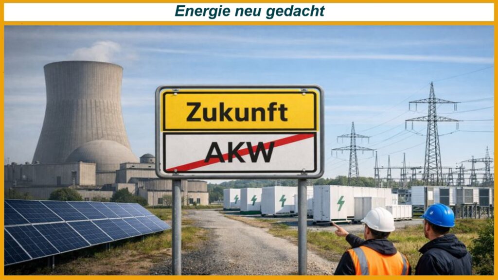 Symbolisches Bild zeigt den Wandel von Atomkraft zu erneuerbarer Energie mit Batteriespeichern und Solaranlagen.