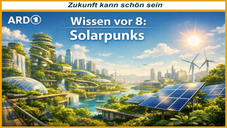 Grüne Zukunftsstadt mit Solarpanelen, Windrädern, Terrassengebäuden und Wasserfällen, Schriftzug Wissen vor 8: Solarpunks