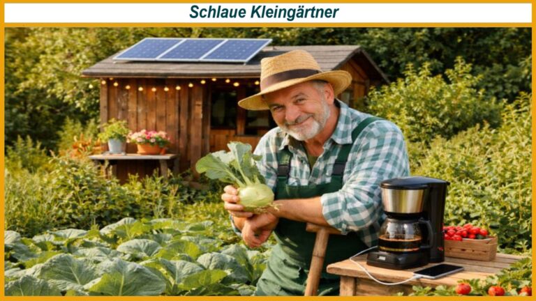 Gärtner mit Strohhut hält Kohlrabi im Kleingarten vor Holzschuppen mit Solarpanelen; Kaffeekocher und Tomaten auf Tisch.