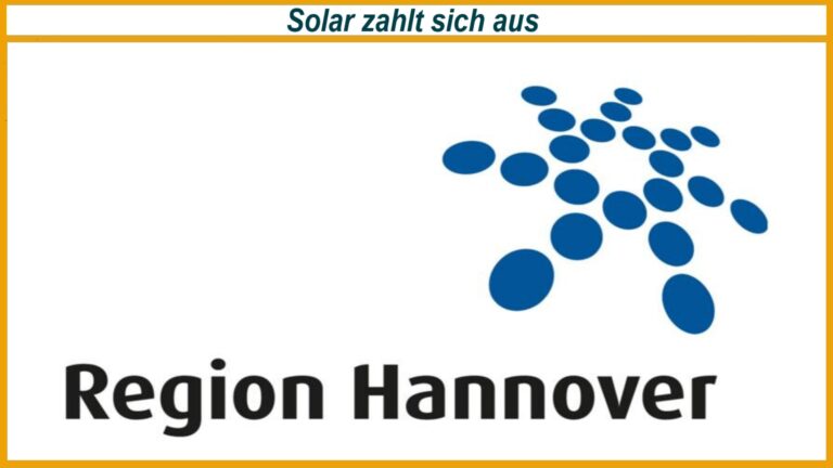 Logo der Region Hannover mit schwarzem Schriftzug, blauem Punktmuster in Sternform und dem Slogan „Solar zahlt sich aus“ oben.